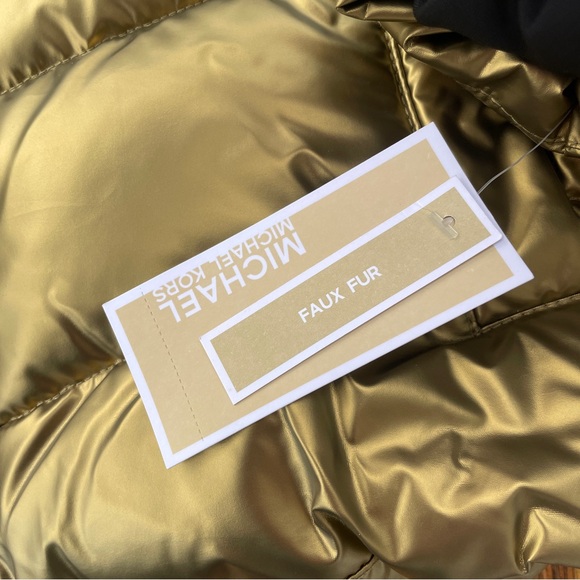Michael Kors Metallic Gold Quilted Hooded Faux Fur Puffer Coat Size Medium - Picture 6 of 7